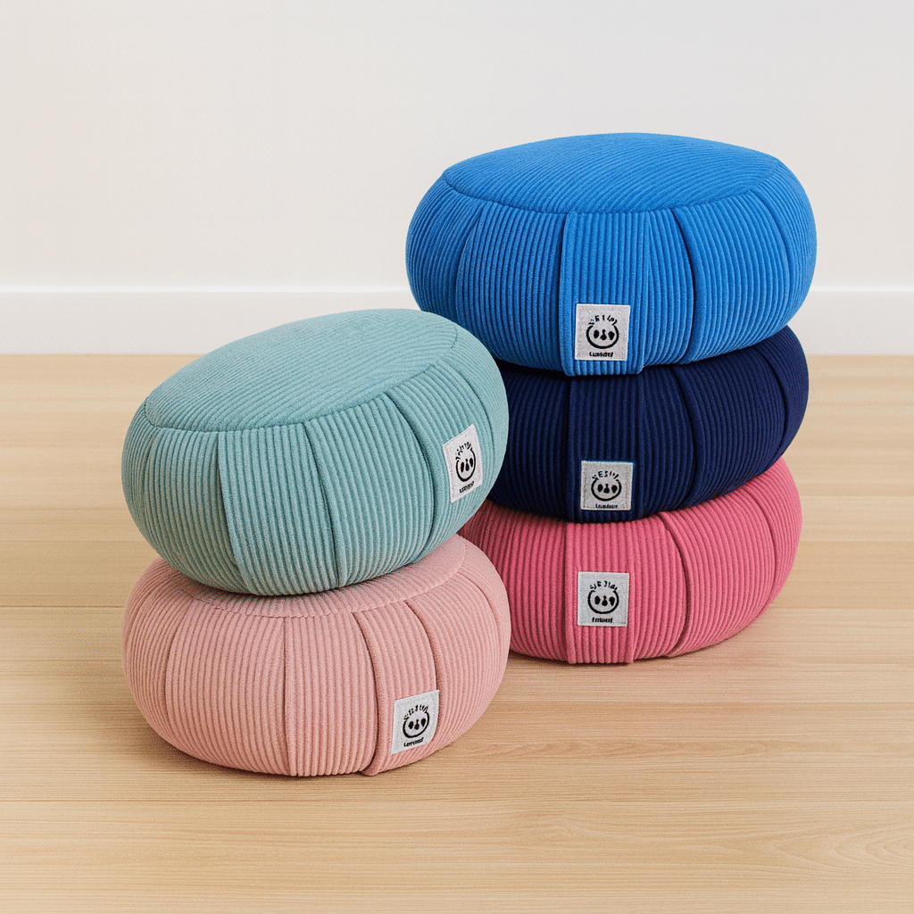 collection de coussins de méditation en velours cottelé.